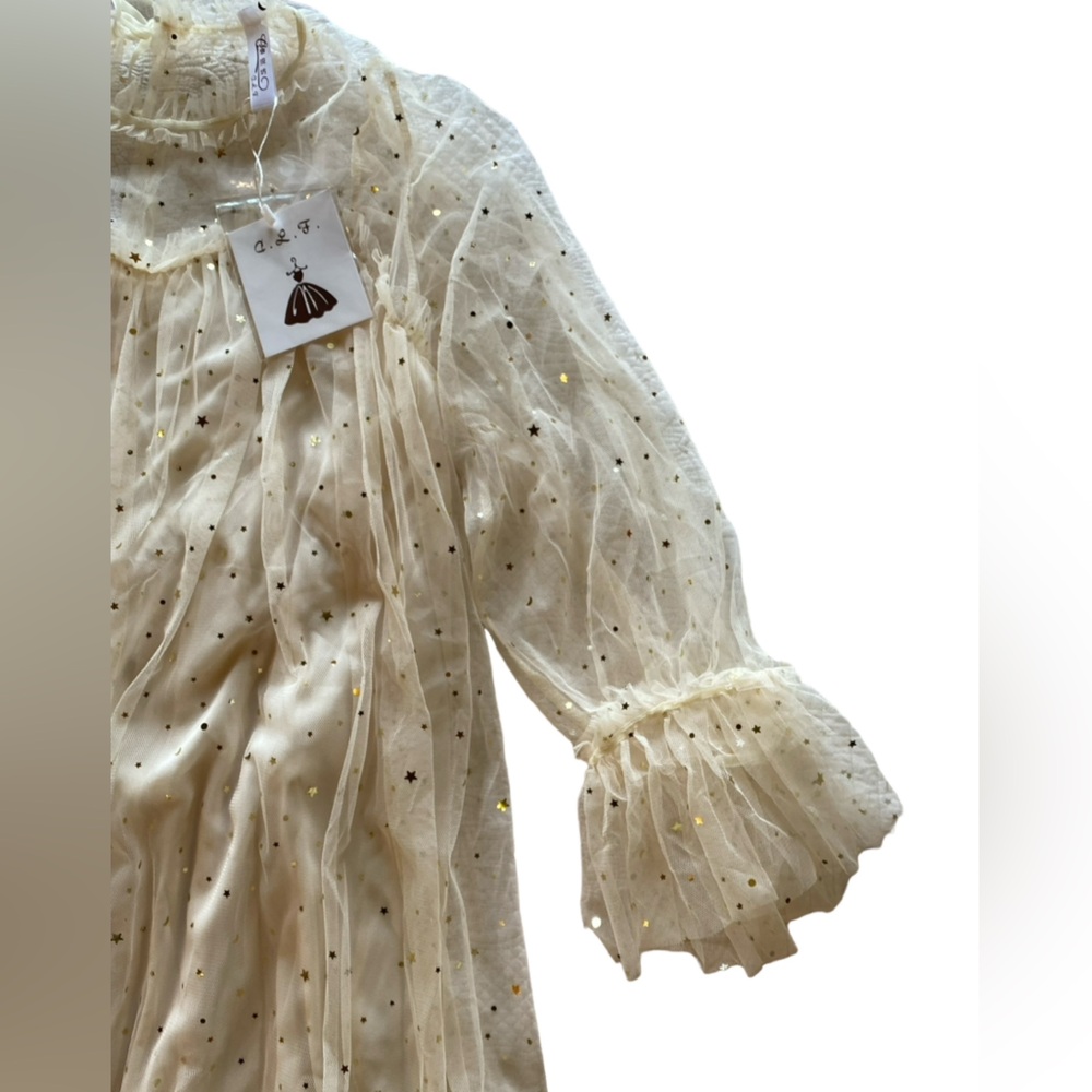 Stunning Whimsical Cream Gold Star Sheer Lined Long Sleeves Dress New Condition! - Picture 3 of 14